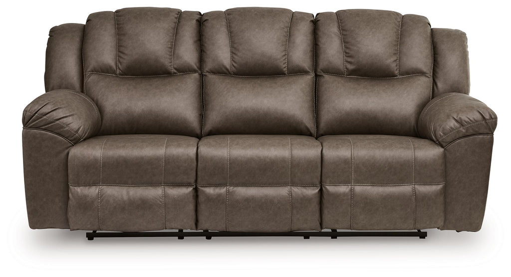 Driftwood reclining sofa, button-tufted back, rounded arms, split seat panels
