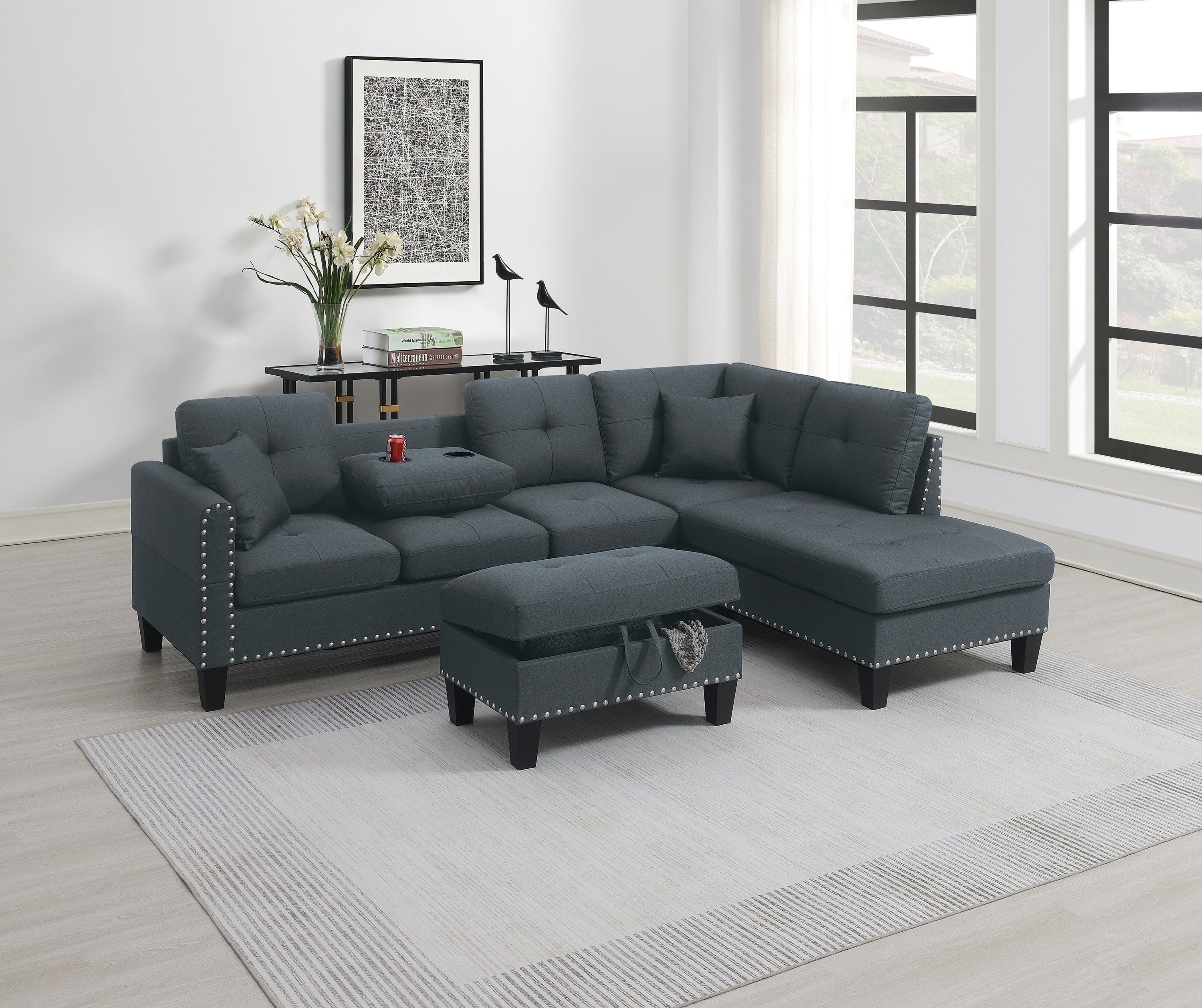 Dark Gray Linen-Like Sectional Sofa Set w/ Storage Ottoman & Cupholders-Stationary Sectionals-American Furniture Outlet
