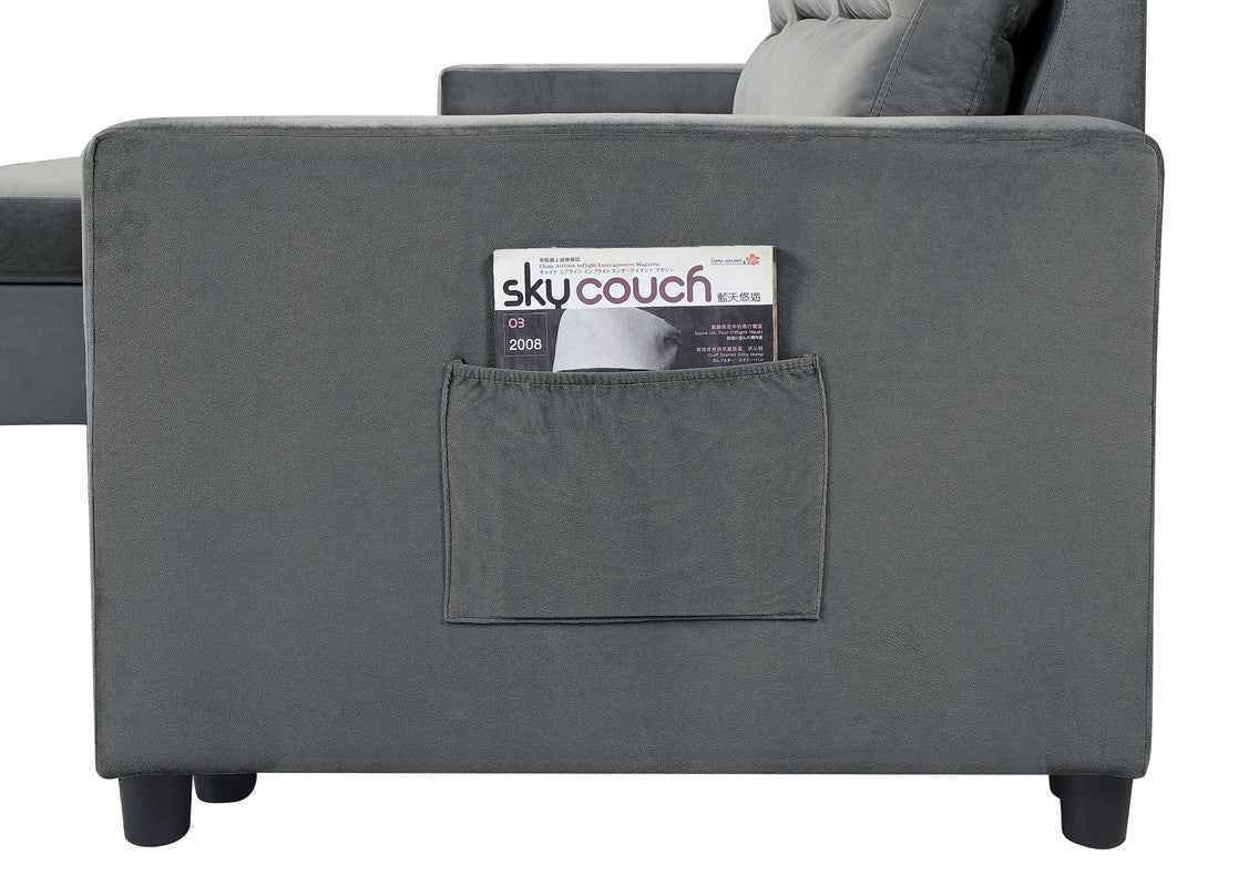 Dark Gray Velvet L Shaped Sleeper Sectional Sofa w/ Storage & Pocket-Sleeper Sectionals-American Furniture Outlet