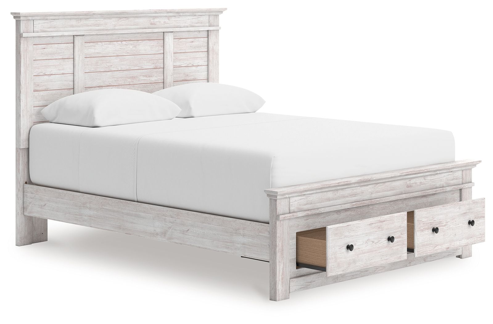 White panel storage bed with two drawer side panels and slatted mattress base