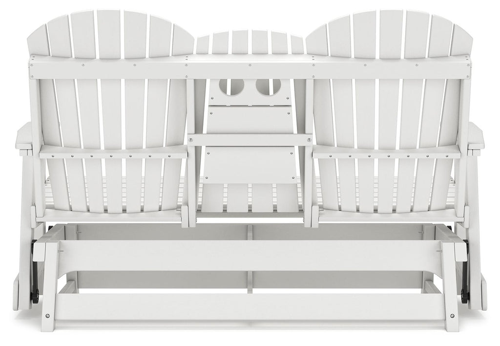 White outdoor loveseat with slatted back, armrests, and bench seat