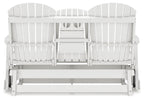 White outdoor loveseat with slatted back, armrests, and bench seat