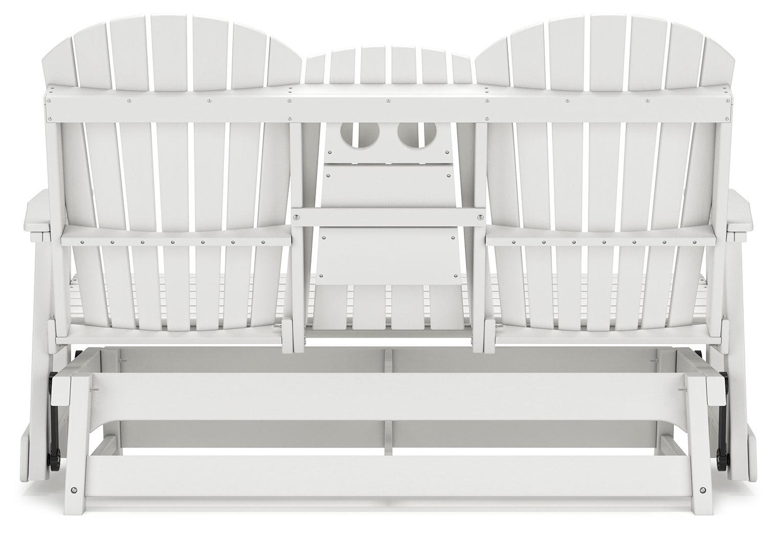 White outdoor loveseat with slatted back, armrests, and bench seat