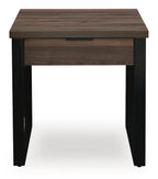 Rectangular dark brown table with a single front drawer and black legs