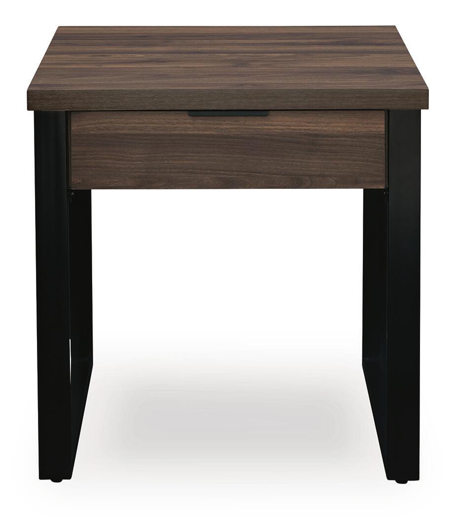 Rectangular dark brown table with a single front drawer and black legs