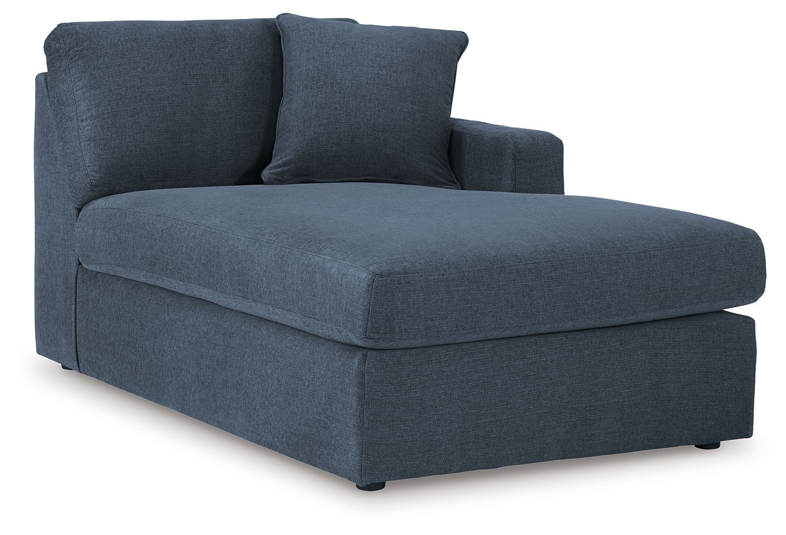 Ink blue corner chaise with padded seat, backrest, and upholstered armrests