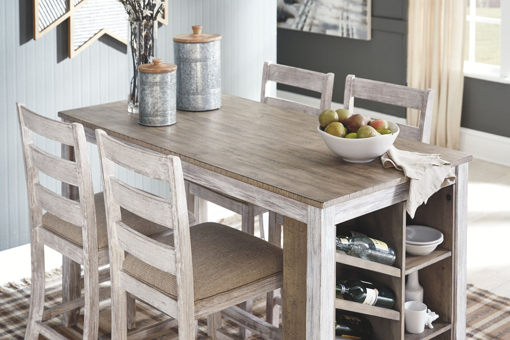 Rectangular counter table with open bottle storage and two barstools with beige seats
