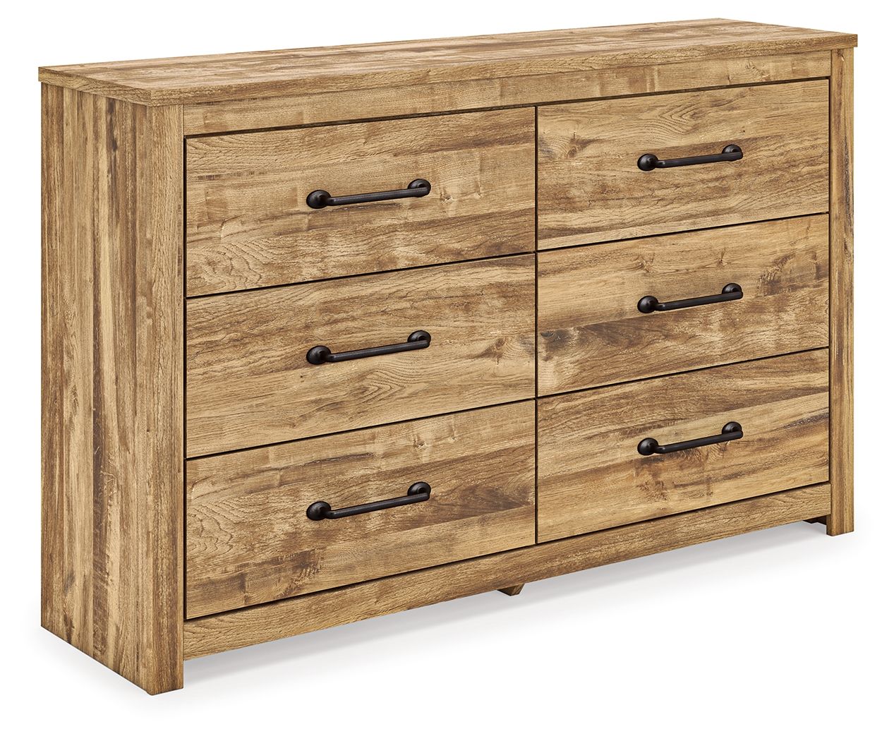 Light brown wooden six-drawer dresser with black bar pulls and flat top.