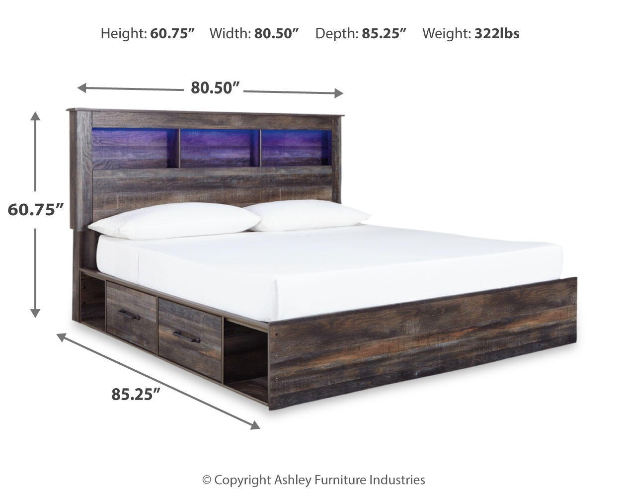 Panel bookcase bed diagram with two front drawers, dark wood finish, white mattress