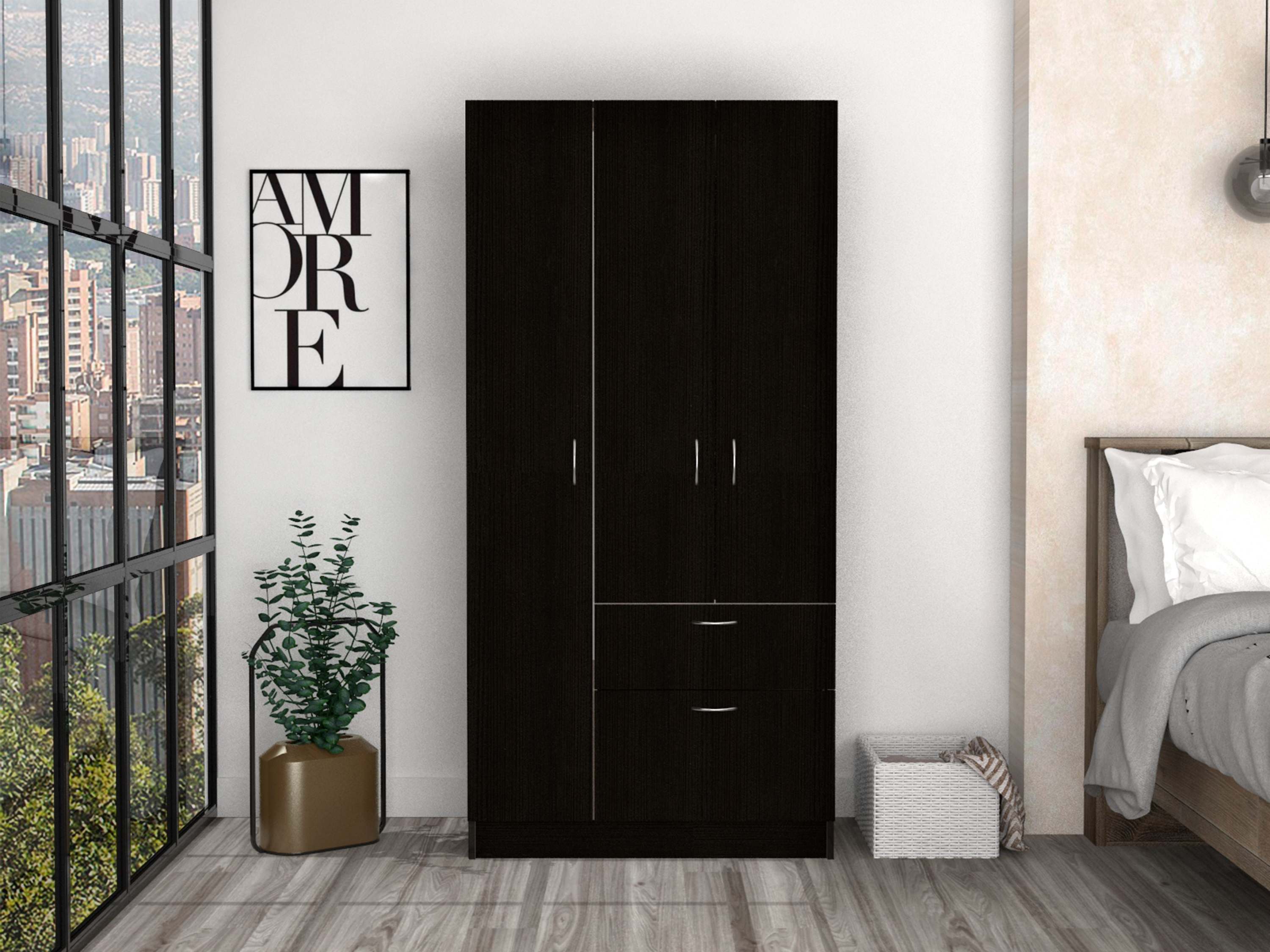 Primavera Armoire: Double Door, Drawer, Shelves - Black/White