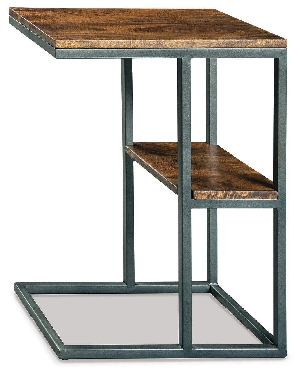 Accent table with rectangular wood top, dark metal legs, two-tier open shelf.