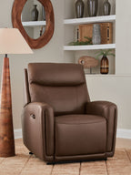 Brown leather-look recliner in upright position with padded headrest and arm storage
