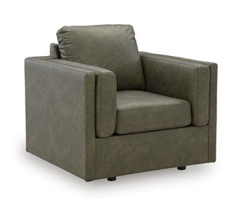 Upholstered gray armchair with cushioned seat, square arms, and padded backrest