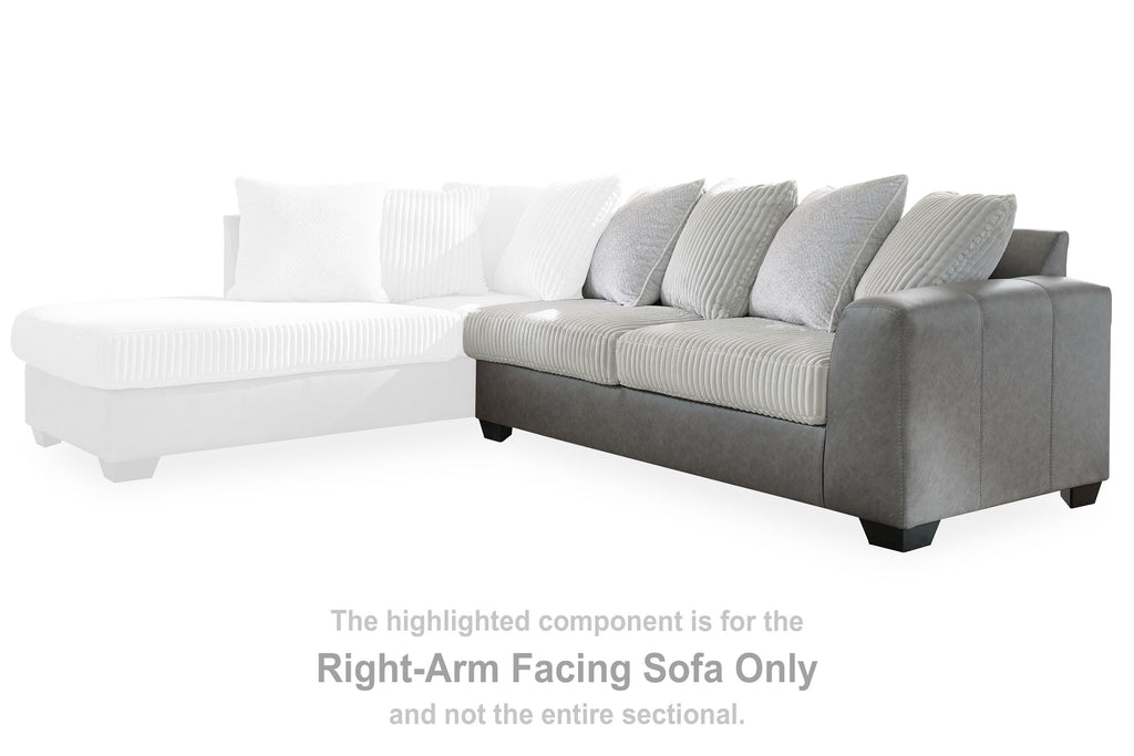 Right-facing sectional sofa with gray upholstery, ribbed cushions, and three back pillows