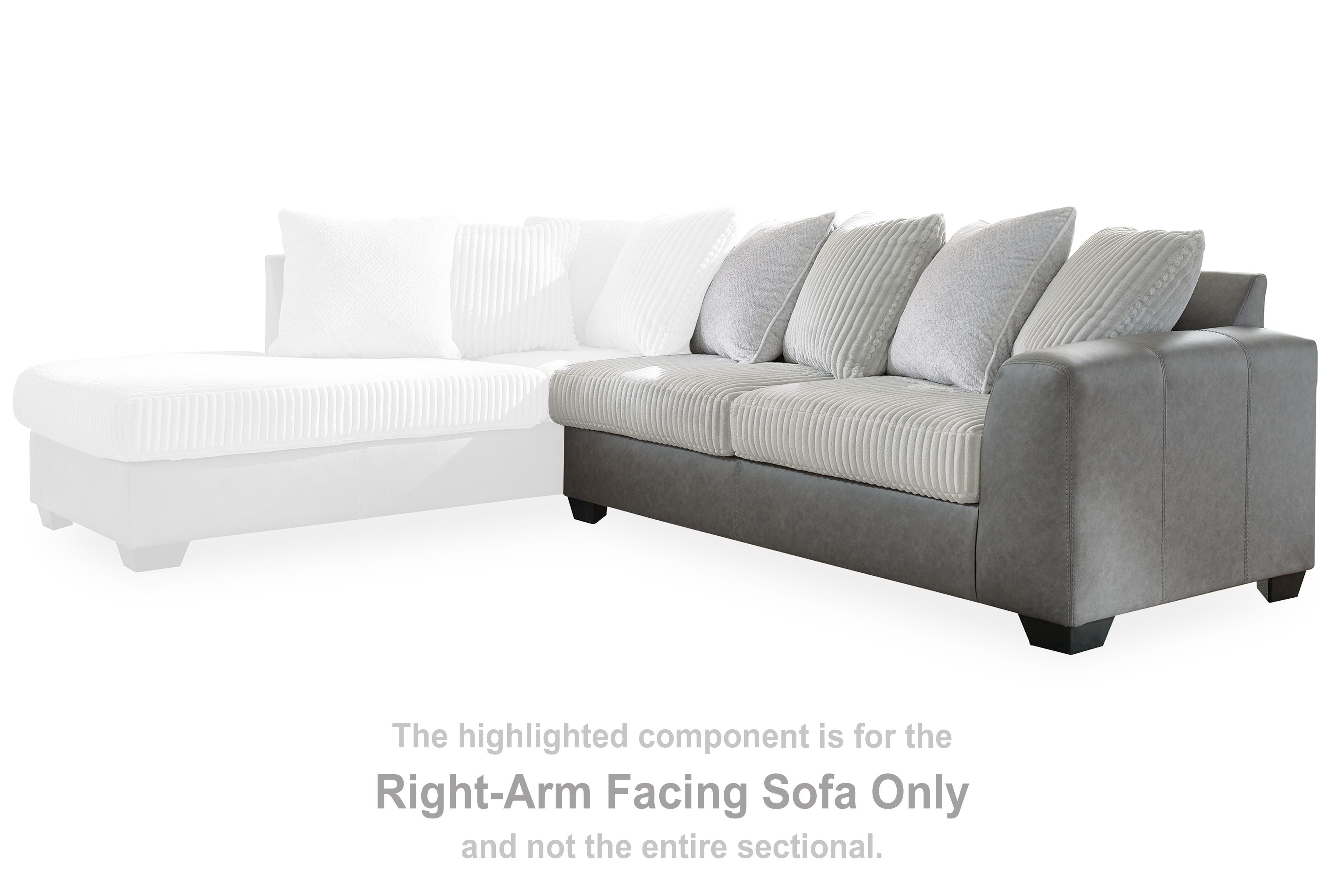 Right-facing sectional sofa with gray upholstery, ribbed cushions, and three back pillows