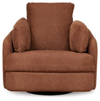 Swivel glider recliner chair in brown fabric, high back with two side bolsters.
