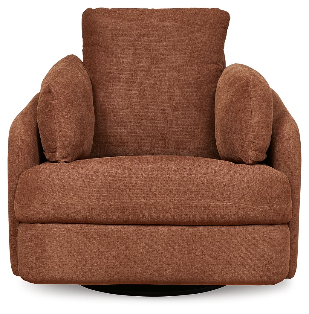Swivel glider recliner chair in brown fabric, high back with two side bolsters.