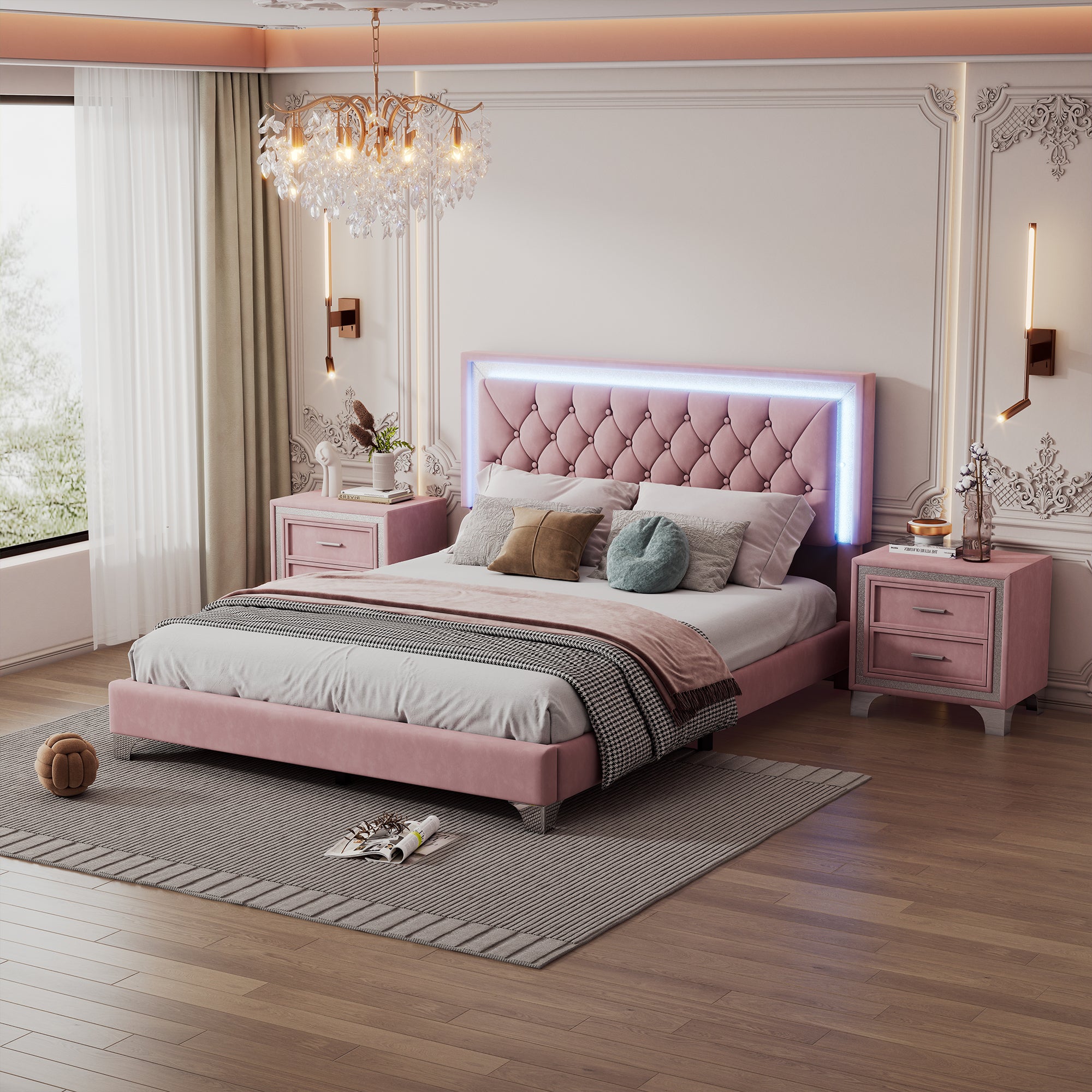 Pink Queen Upholstered Bed Set w/ LED Lights & Nightstands