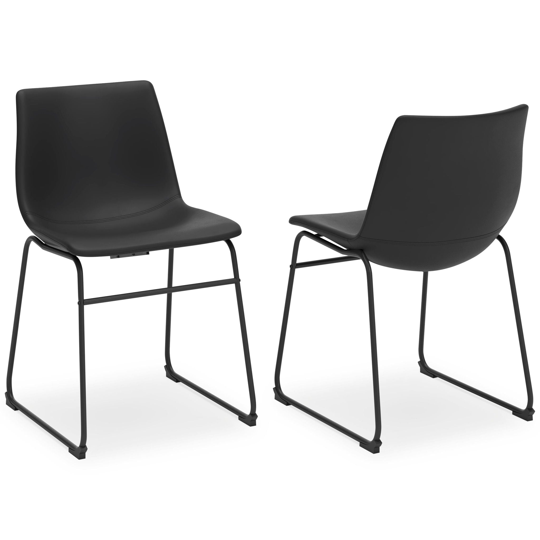 Black upholstered side chair set with curved seat and back, black sled legs (2-pack)