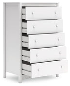 White five-drawer chest with round knob pulls and four drawers visible