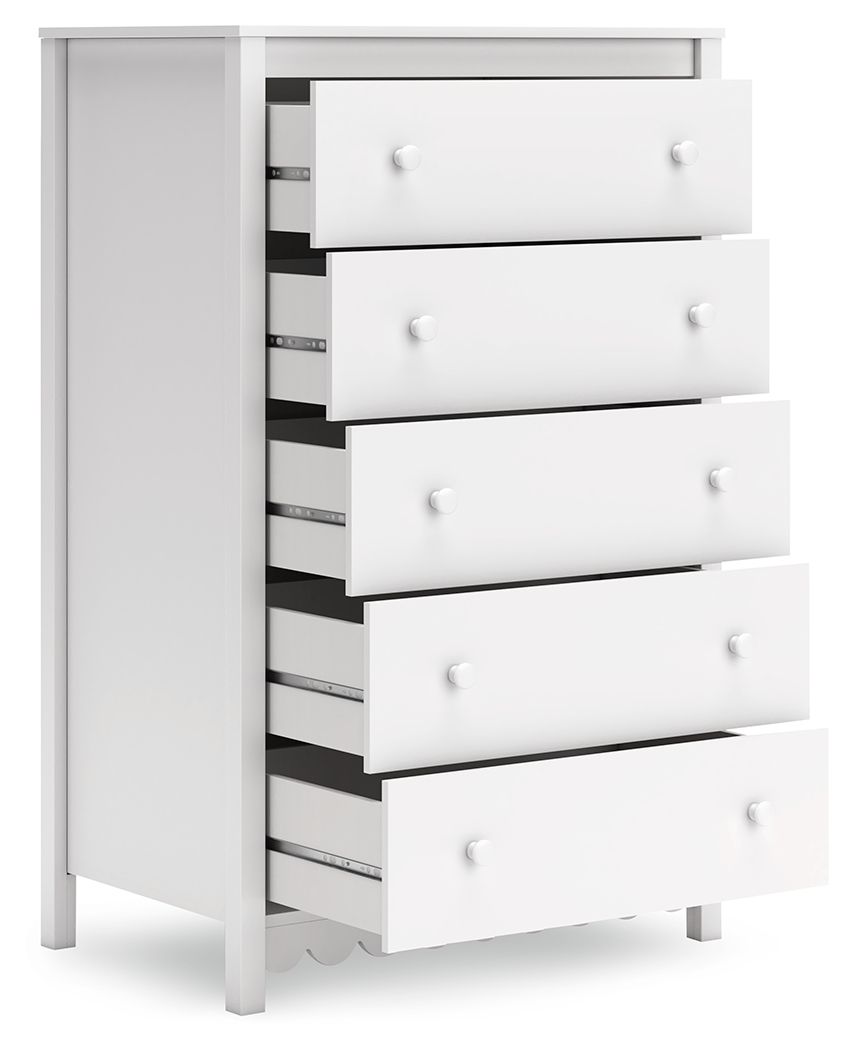 White five-drawer chest with round knob pulls and four drawers visible