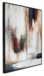 Framed abstract wall art with white and teal tones and vertical gold highlights.