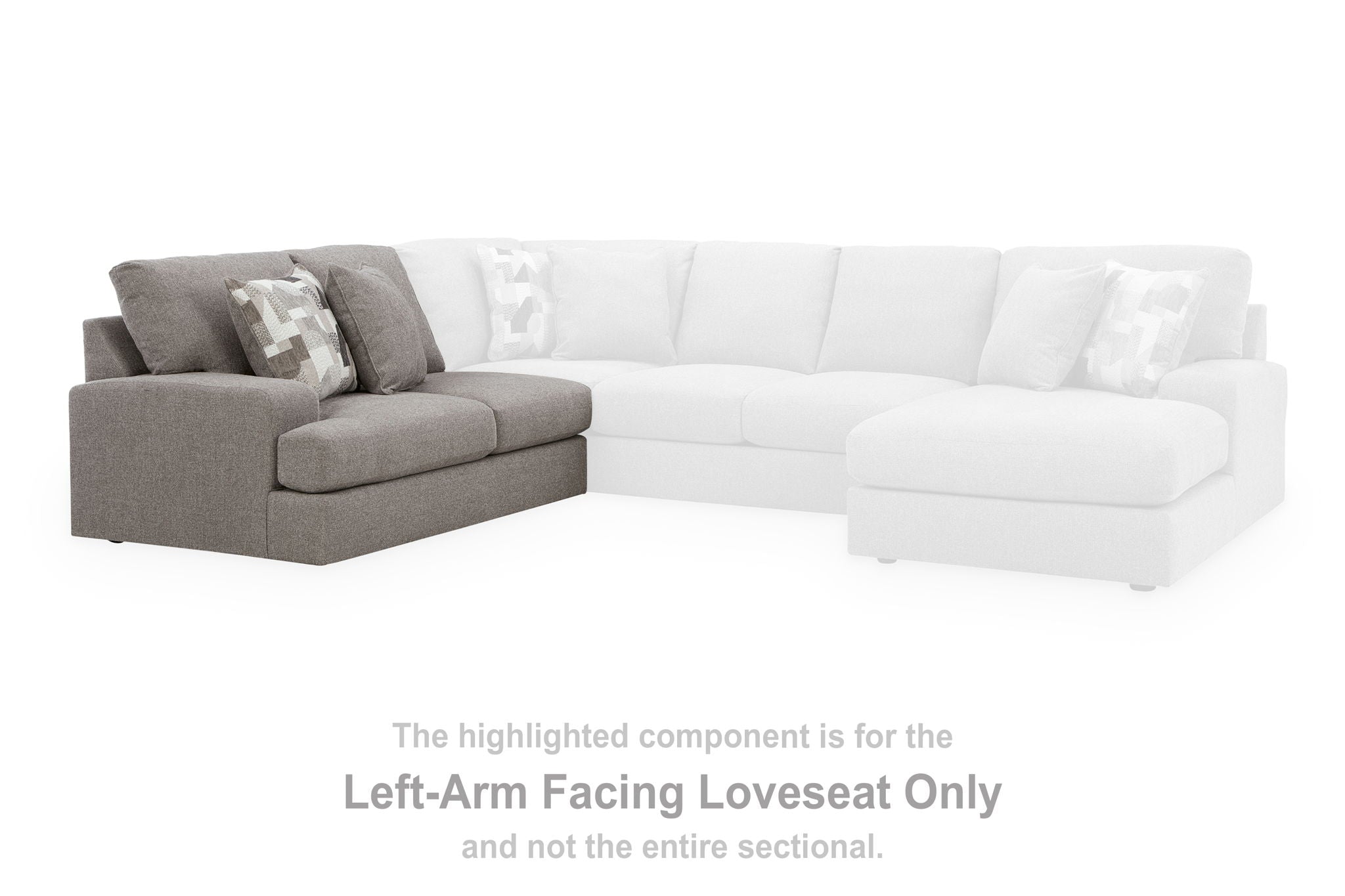 Left-arm facing loveseat section with smoke gray upholstery and throw pillows.