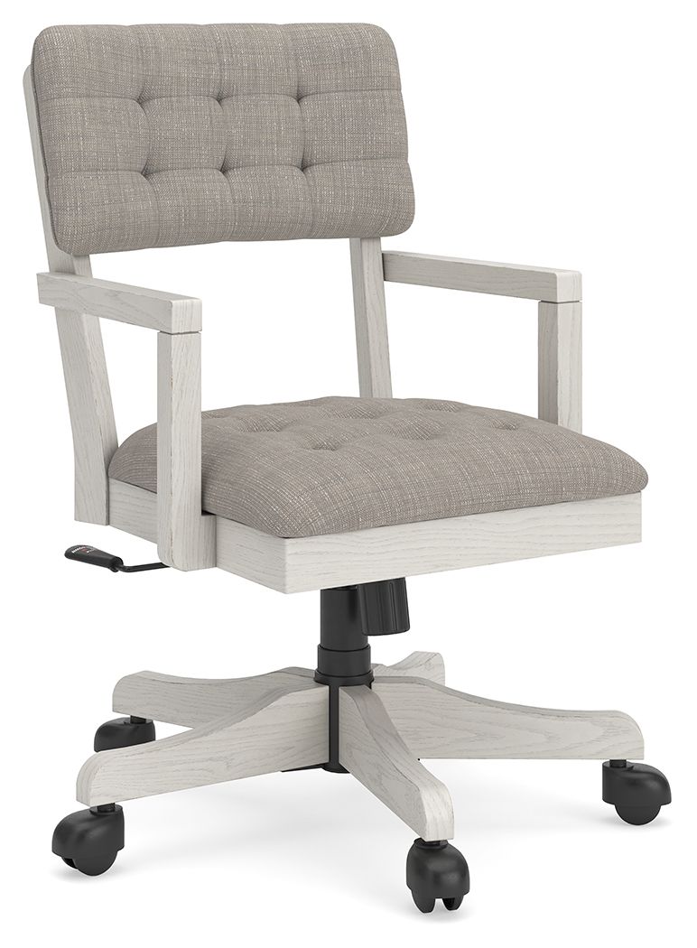 Tufted fabric office chair with light wood frame, swivel base, and rolling casters