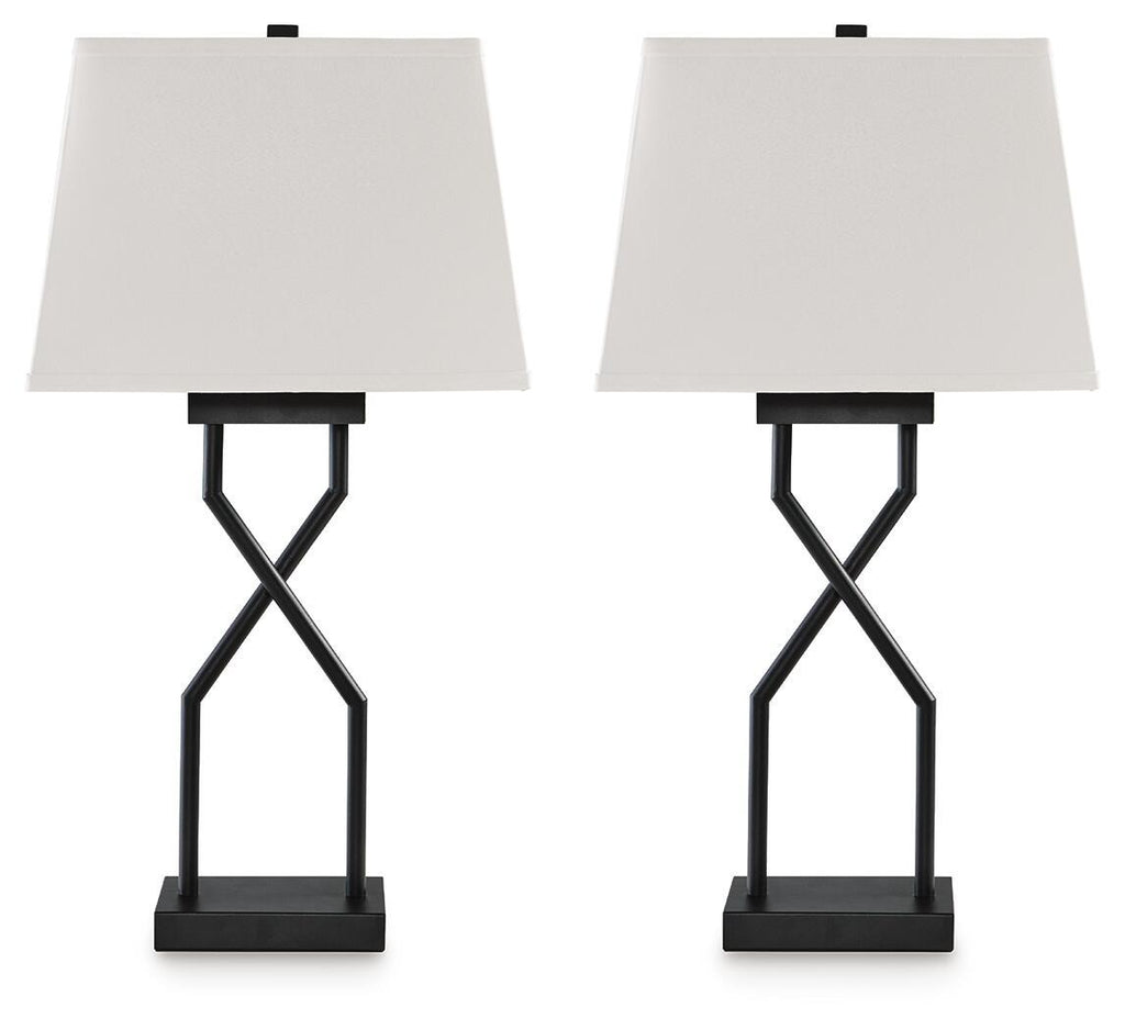 Set of 2 black metal table lamps with white fabric shades and X-style bases
