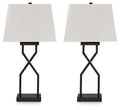 Set of 2 black metal table lamps with white fabric shades and X-style bases