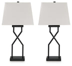 Set of 2 black metal table lamps with white fabric shades and X-style bases