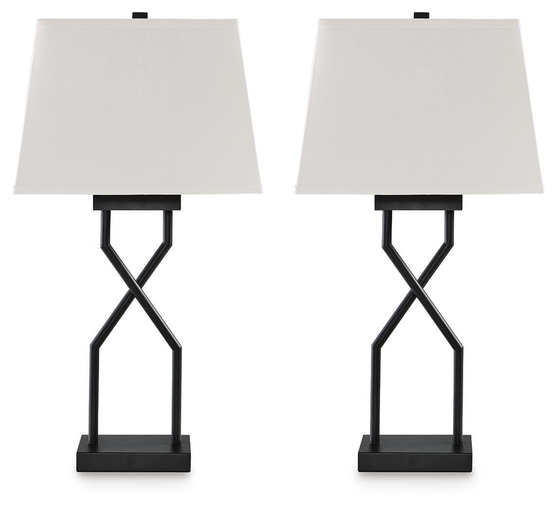 Set of 2 black metal table lamps with white fabric shades and X-style bases
