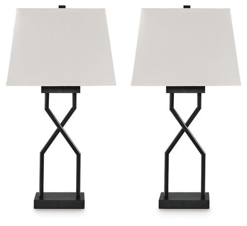 Set of 2 black metal table lamps with white fabric shades and X-style bases