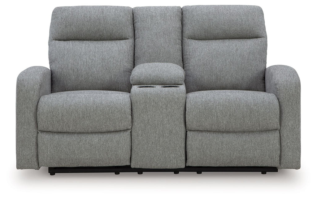 Gray double recline loveseat with three padded back cushions and two recline seats