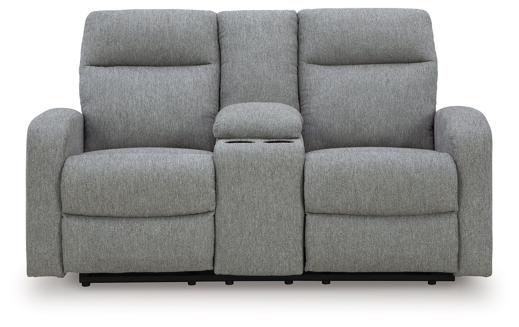 Gray double recline loveseat with three padded back cushions and two recline seats