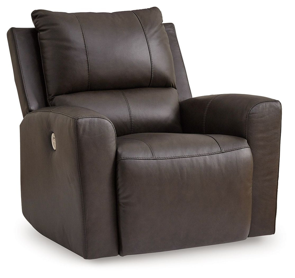 Dark brown power rocker recliner with cushioned headrest and armrests, leather-look