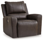 Dark brown power rocker recliner with cushioned headrest and armrests, leather-look