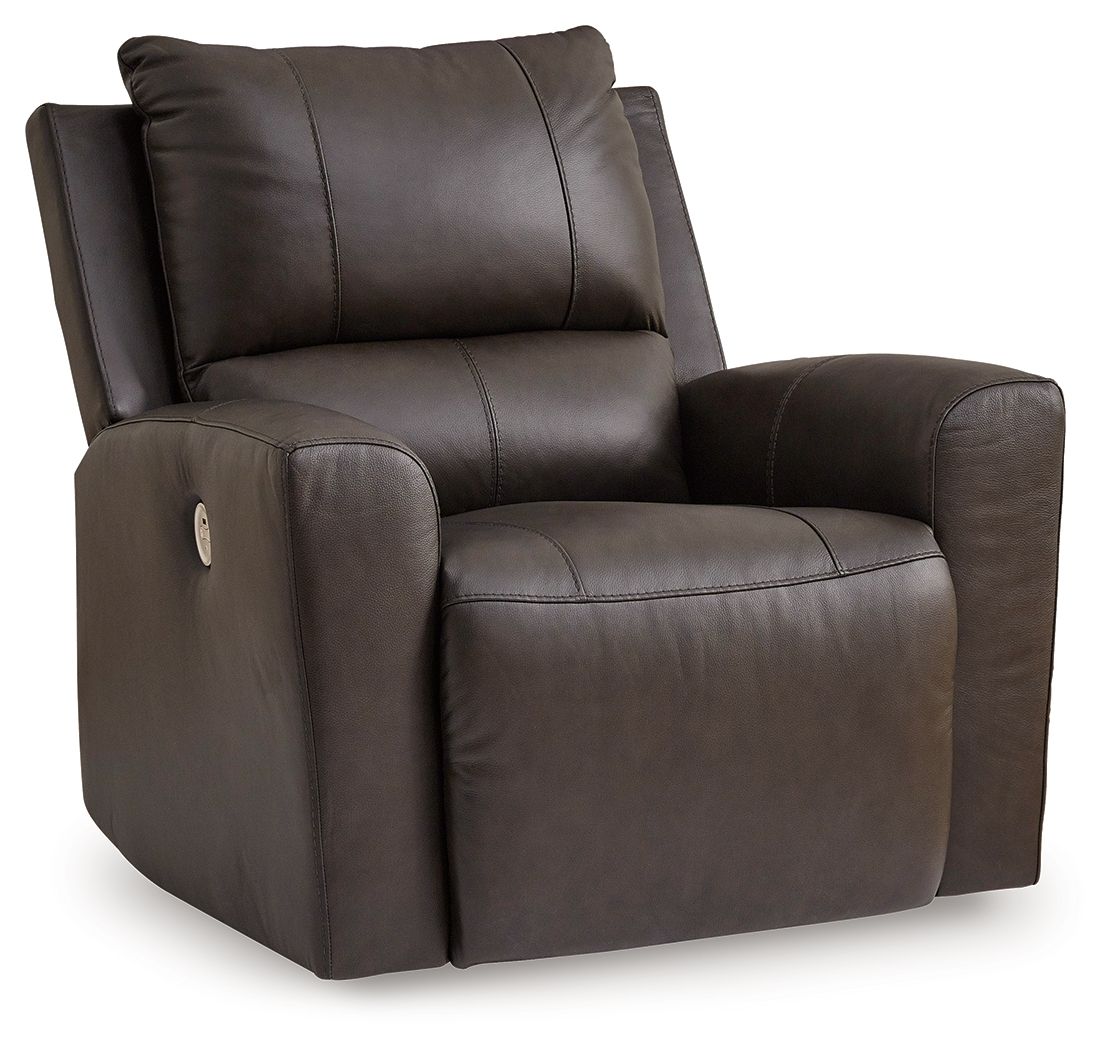 Dark brown power rocker recliner with cushioned headrest and armrests, leather-look