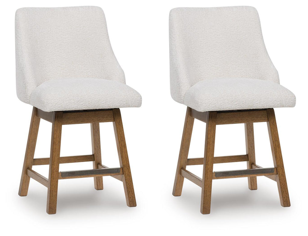 Set of 2 oatmeal upholstered bar stools with dark wood legs