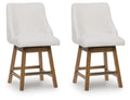 Set of 2 oatmeal upholstered bar stools with dark wood legs