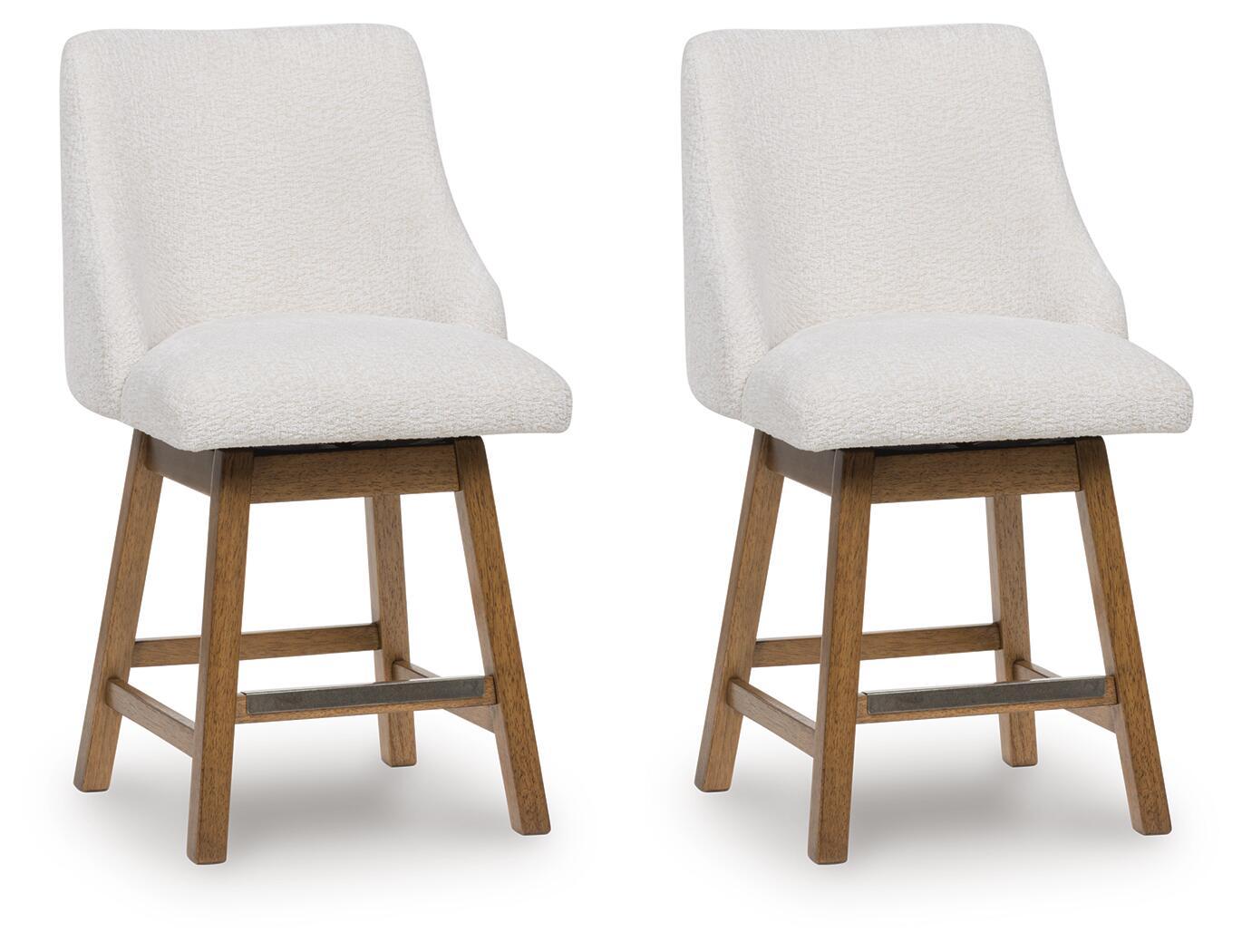 Set of 2 oatmeal upholstered bar stools with dark wood legs