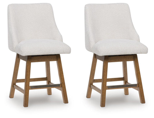 Set of 2 oatmeal upholstered bar stools with dark wood legs