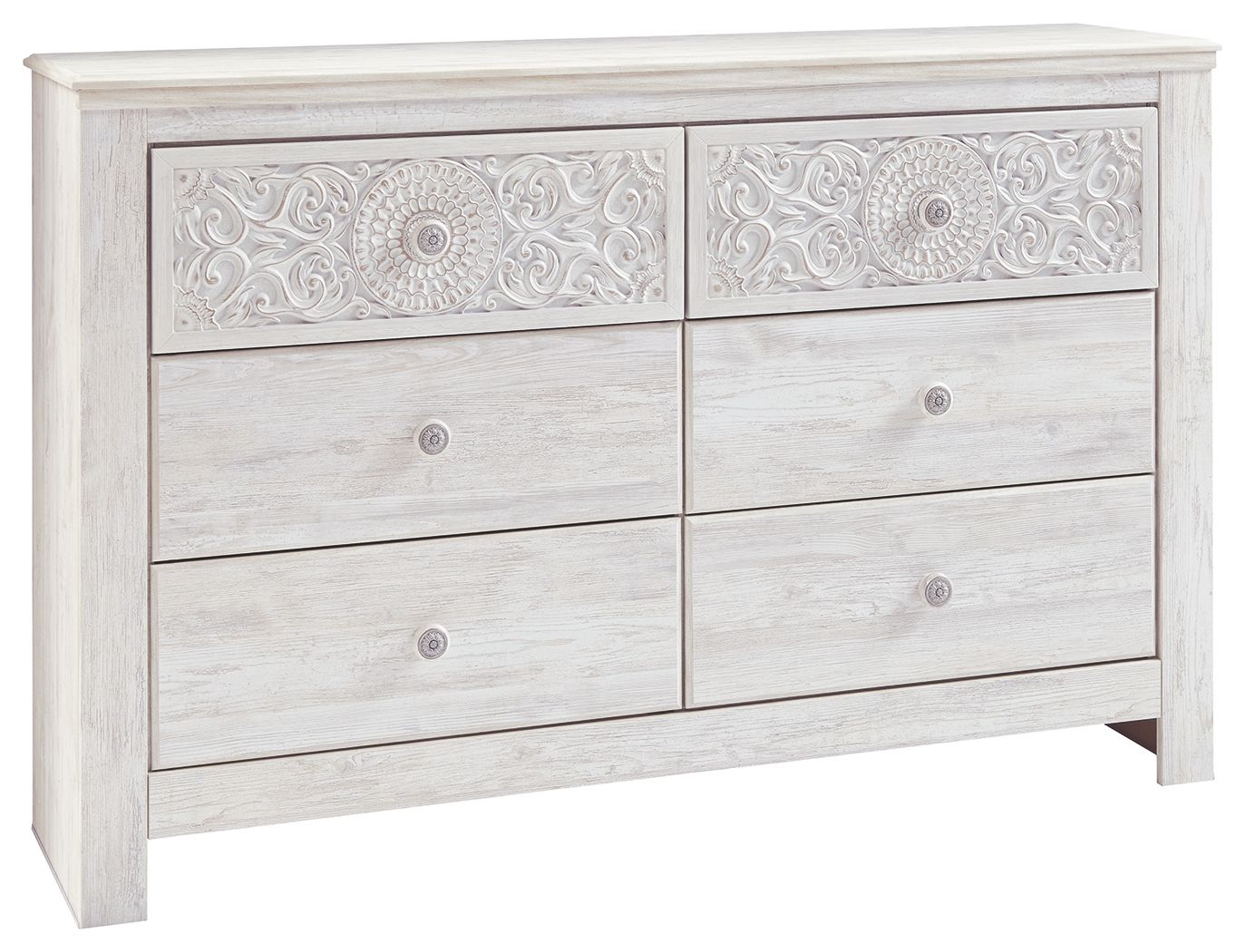 Whitewash six-drawer dresser with raised medallion carvings and round pulls