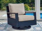 Swivel glider chair with cushion, blue frame with beige seat and back cushion on base