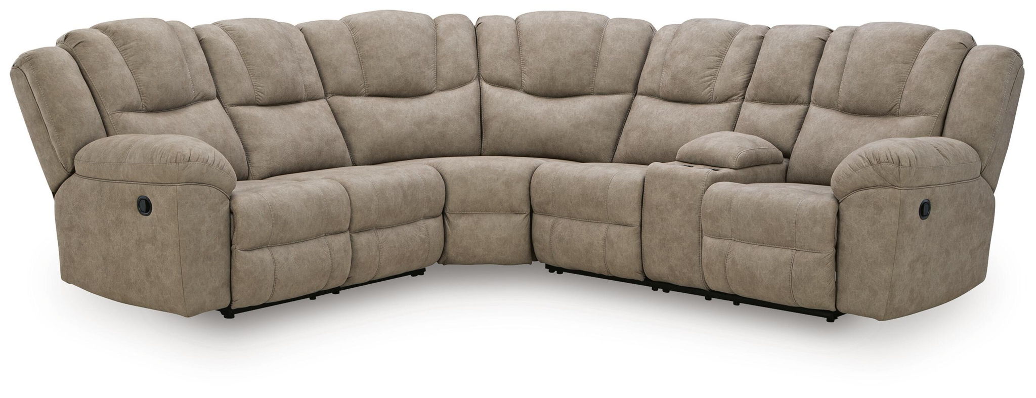 Birch recliner sectional sofa with tufted back cushions and rounded arm panels