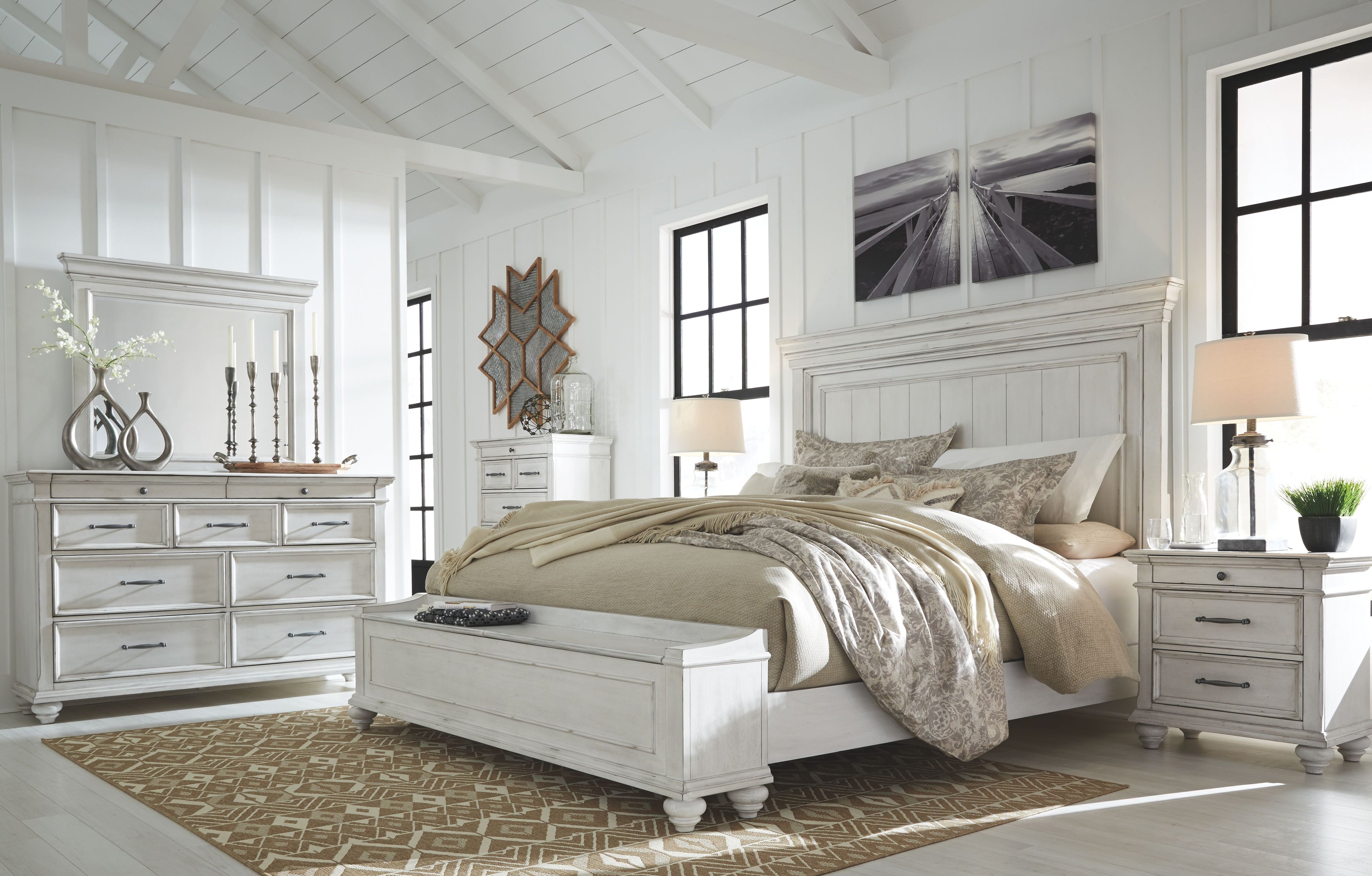 Panel bedroom set bed with white wood headboard, footboard, and matching side drawers