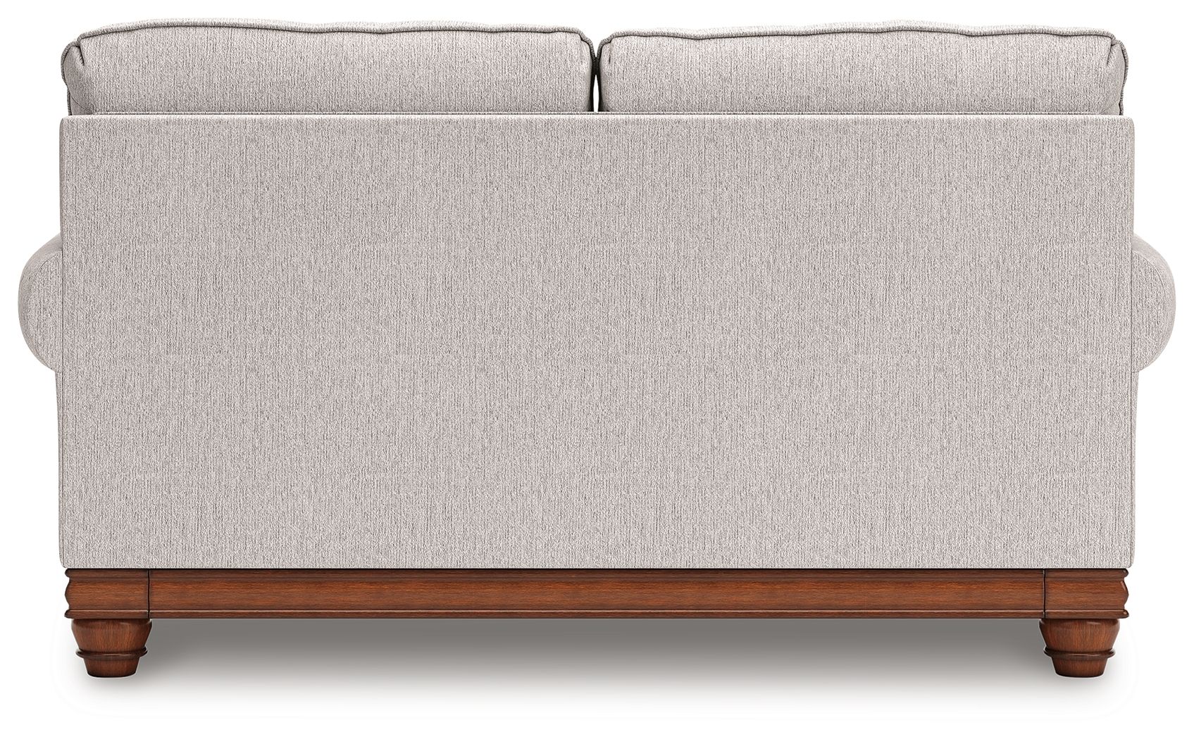 Upholstered loveseat back view with two top cushions and wooden base in light sand