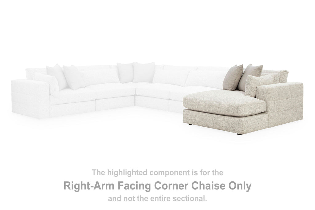 Right-arm facing corner chaise in light beige fabric, with upholstered seat and arm