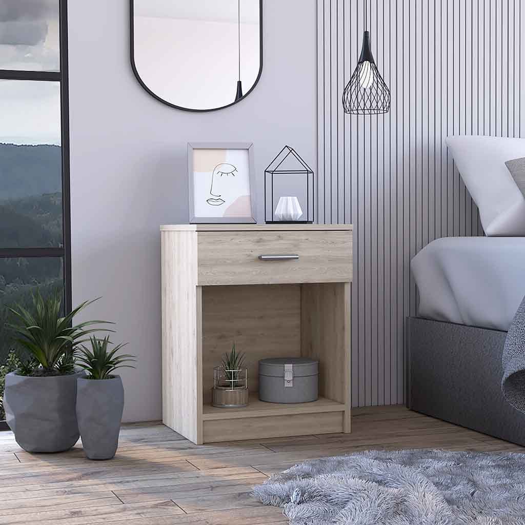 Eco Light Gray Nightstand End Table with Drawer & Shelf
