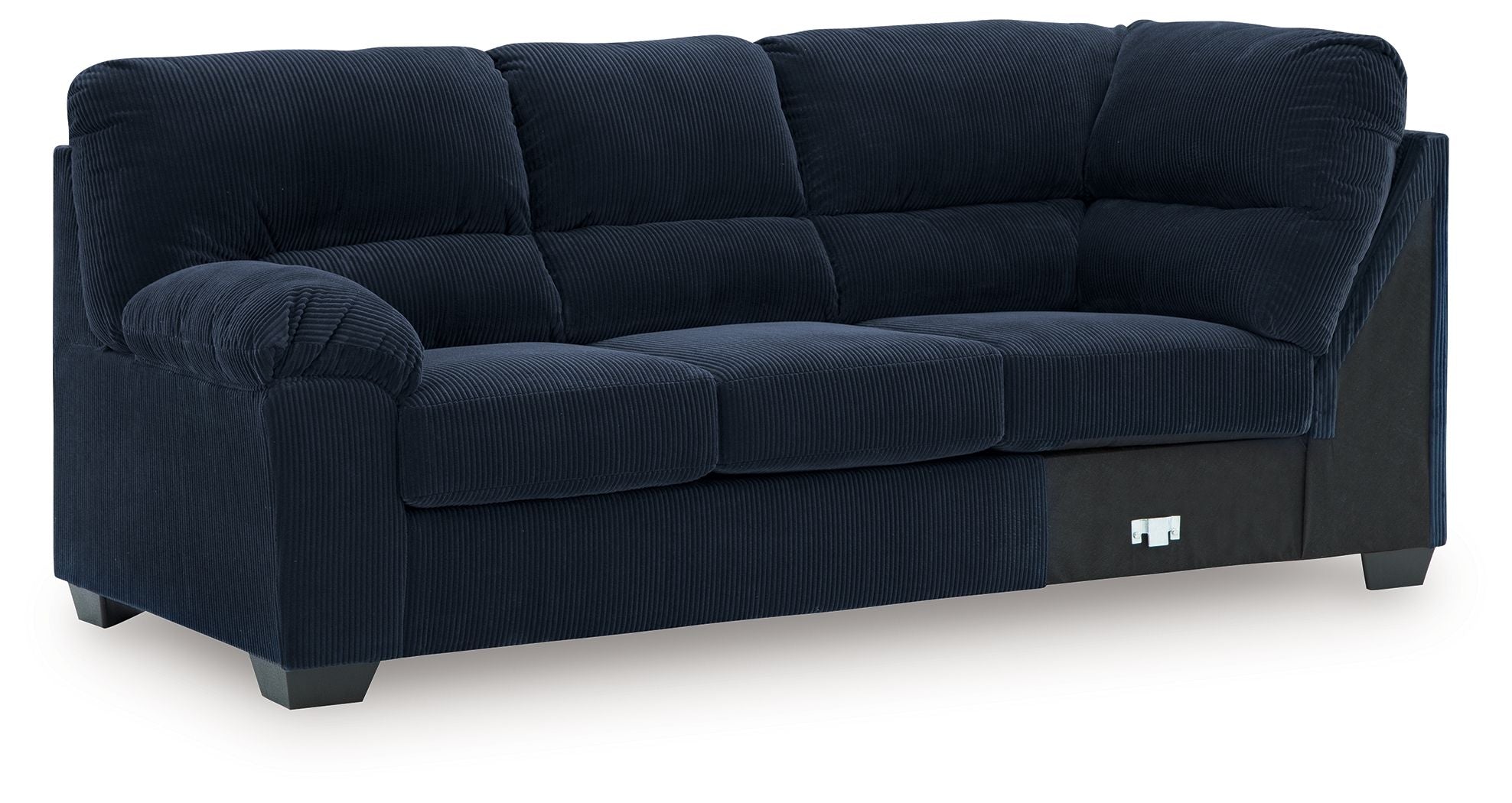 Navy upholstered LAF sofa with corner wedge, boxy cushions and track arms